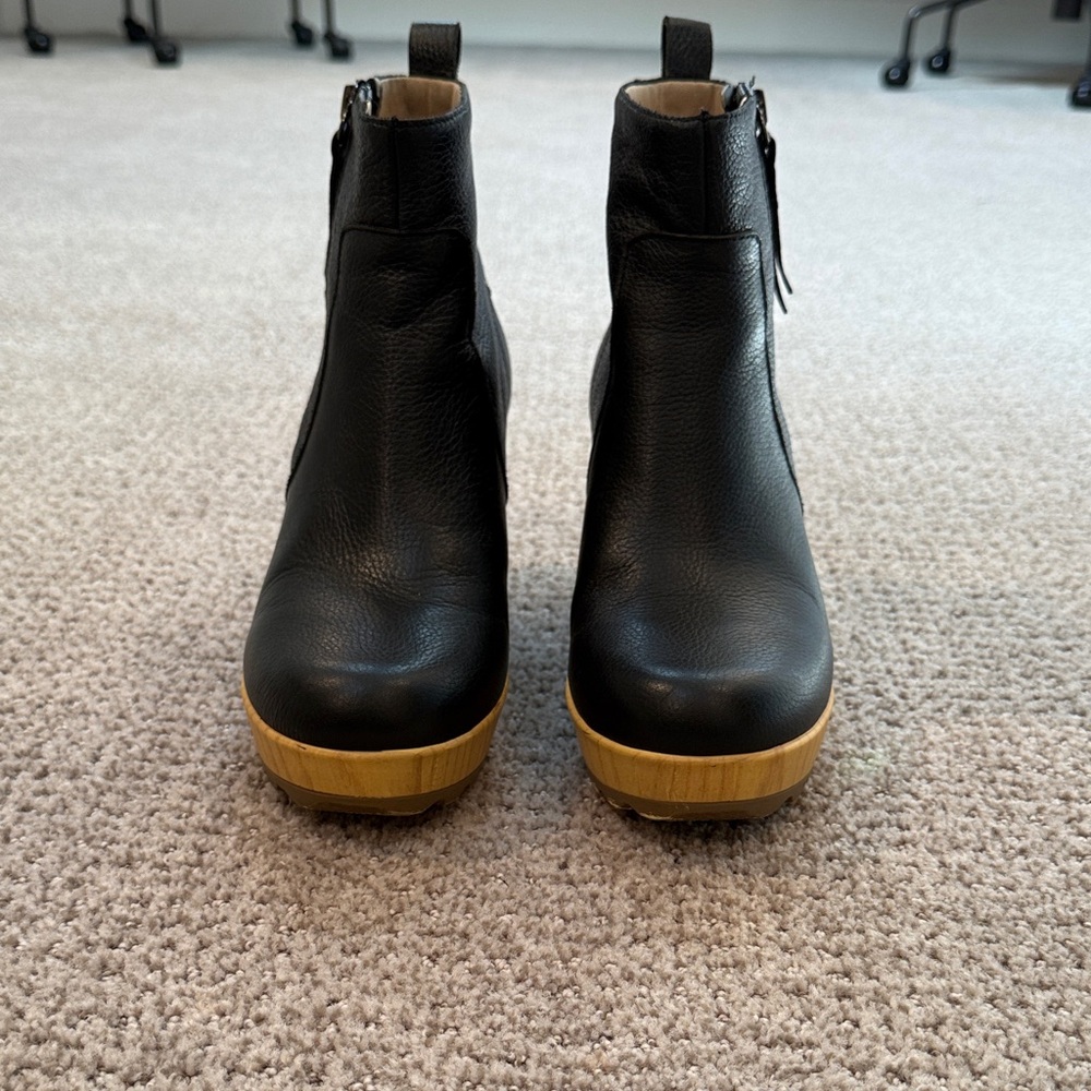 Dr. Scholl's Black Leather Platform Ankle Booties with Wood-Tone Sole